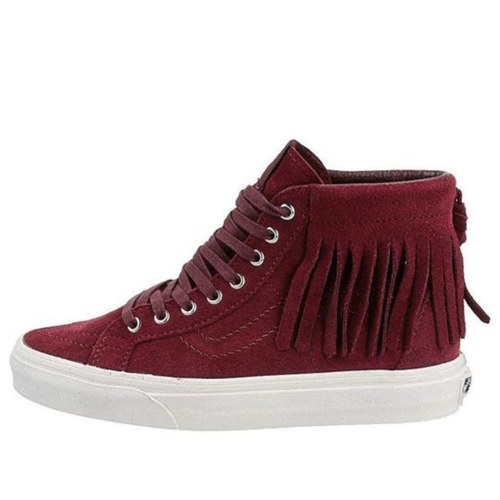 Vans Sk8 HI Mock Suede Womens High Tops Boho Fringe Sneakers Red Berry Size US 8 - Picture 4 of 15